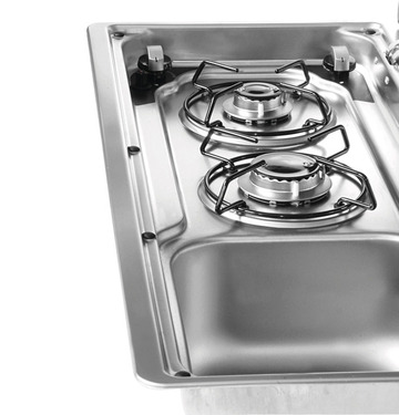 Komfur-vask kombination med 2-delt glasdæksel