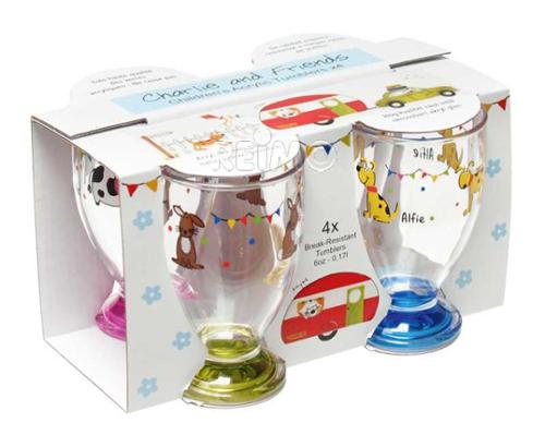 Verres en plastique pour enfants 'Charlie + Friends', 4x170ml, impression + pieds colorés