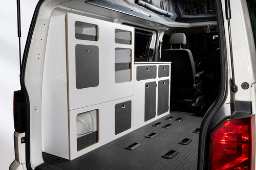 Flatpack-Möbelzeile für VW T5 / T6 / T6.1 kurzer Radstand - Weiß - Basalt