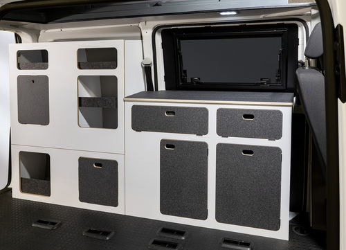 Flatpack-Möbelzeile für VW T5 / T6 / T6.1 kurzer Radstand - Weiß - Basalt