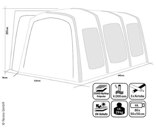 Busvorzelt aufblasbar Movelite 4 Low, Anbauhöhe 180-210cm, B310xT495cm