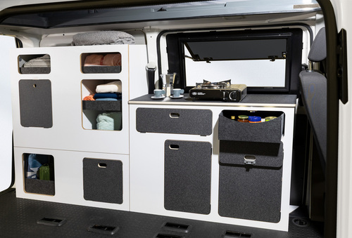 Flatpack-Möbelzeile für VW T5 / T6 / T6.1 kurzer Radstand - Weiß - Basalt