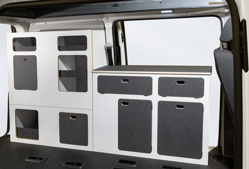 Flatpack-Möbelzeile für VW T5 / T6 / T6.1 kurzer Radstand - Weiß - Basalt
