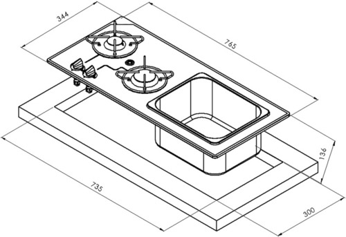 Combinaison table de cuisson/évier - 2 feux avec verre de sécurité