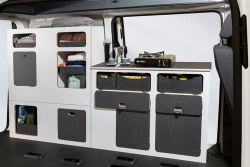 Flatpack-Möbelzeile für VW T5 / T6 / T6.1 kurzer Radstand - Weiß - Basalt