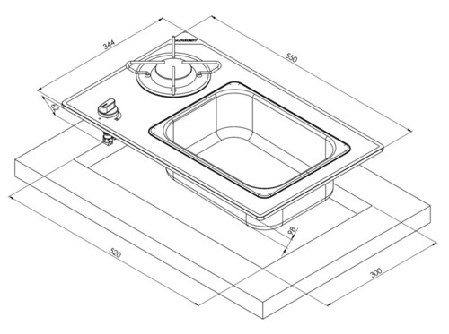 Combinaison table de cuisson/évier - 1 brûleur avec verre de sécurité