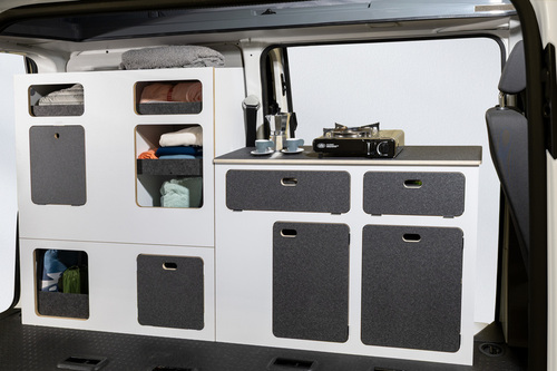 Flatpack-Möbelzeile für VW T5 / T6 / T6.1 kurzer Radstand - Weiß - Basalt